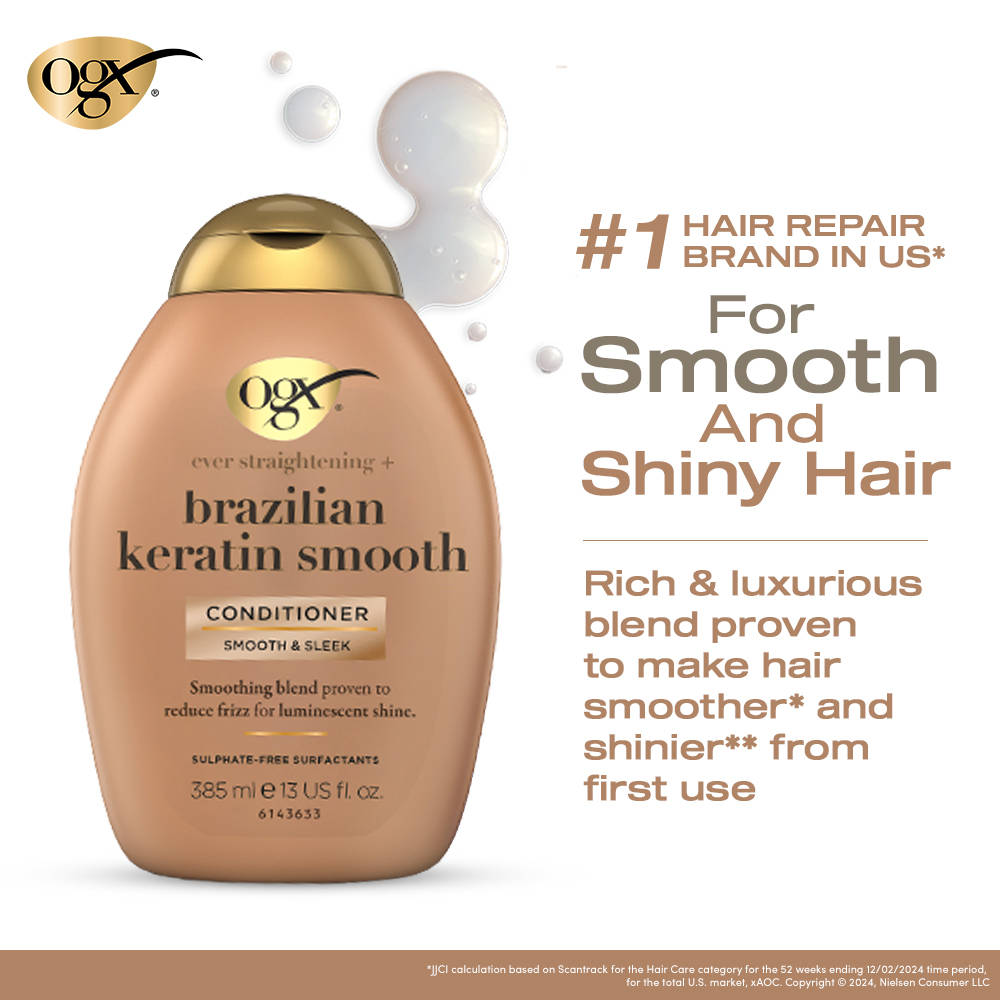 OGX Brazilian Keratin Smooth Conditioner for Frizzy Hair, Smoothening, Anti-Frizz & Shine