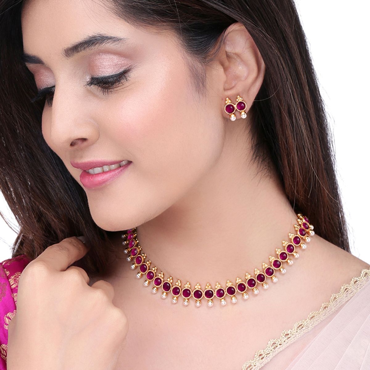 Classic Pearl Necklace With Rubies In 22K Gold - Lagu Bandhu