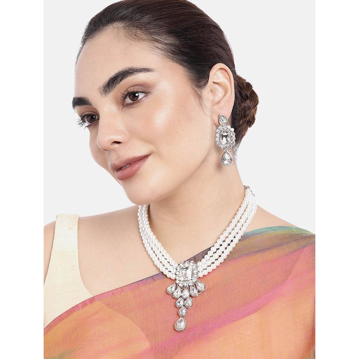 Peora Gold Plated Kundan Pearl Dangling Chandbali Earrings Maangtikka Jewellery Set
