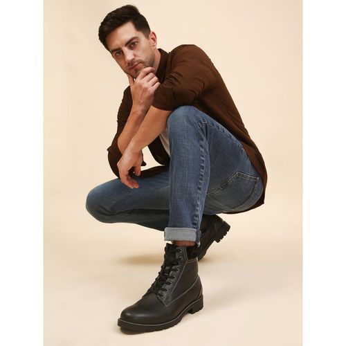 Buy Yoho Black Lace-Up Combat Boots with Padded Cuff for Men Online