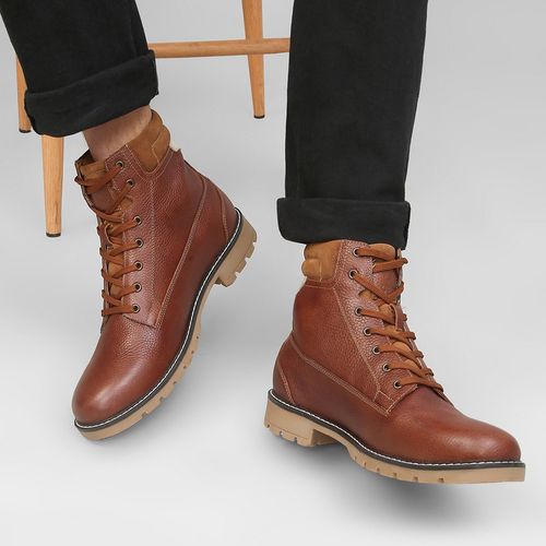 Buy Yoho Tan Lace-Up Combat Boots with Padded Cuff for Men Online