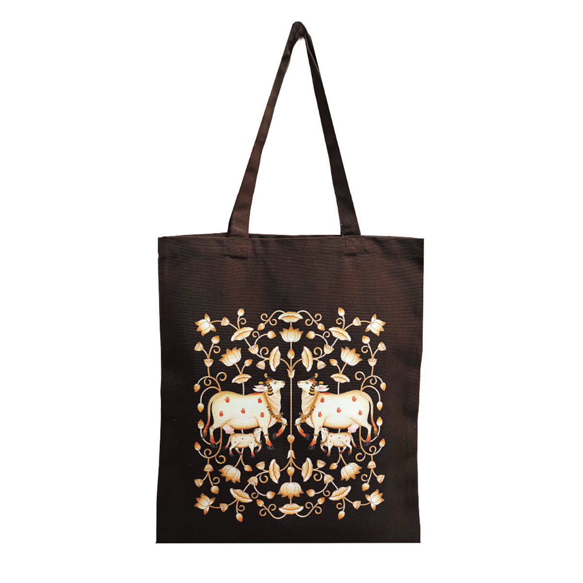 Maatir Gold Brown Pichwai Canvas Tote Bag for Women