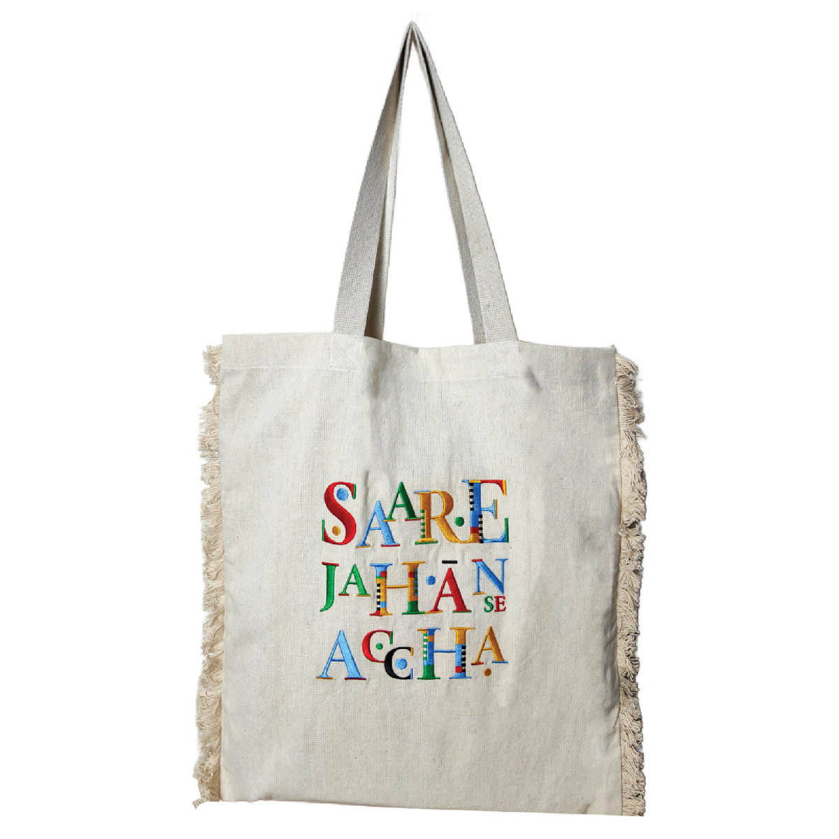 Maatir India Slogan Embroidered Fringe Canvas Tote Bag for Women