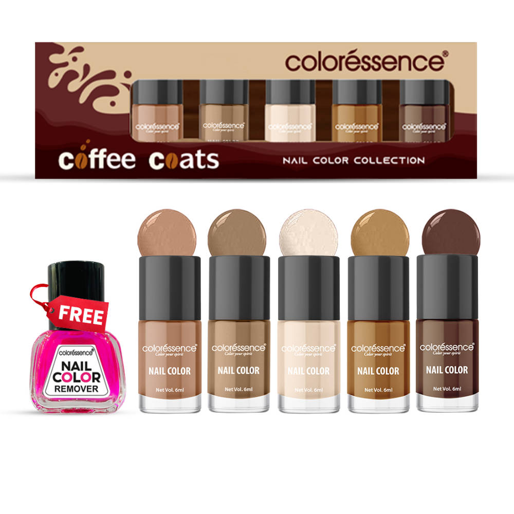 Coloressence Coffee Coats Nail Paint Kit, Pack of 5, Free Remover, Quick Dry Chip Resistant