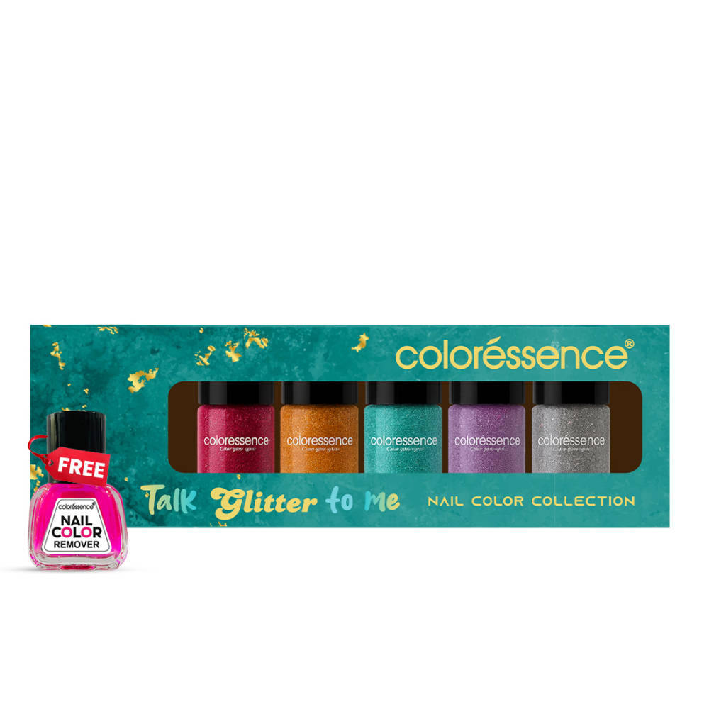Coloressence Talk to Glitter Nail Paint Kit, Pack of 5, Free Remover, Quick Dry Chip Resistant