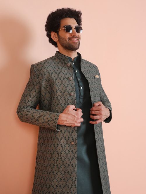 KISAH - Giacca Kurta da uomo, colore: verde, con cappotto/Modi/Nehru) e pigiama (set da 3), abbigliamento etnico indiano tradizionale