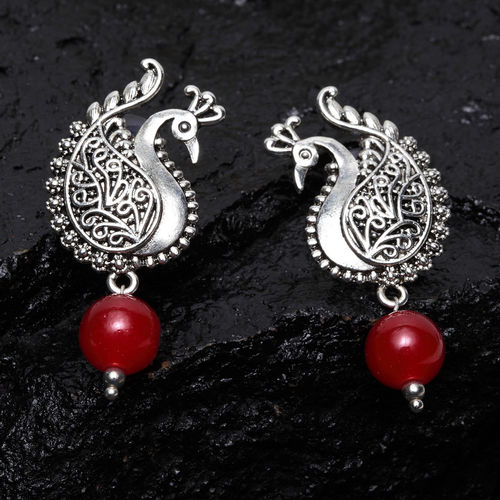 Buy PANASH Red Silver-plated Peacock Shaped Oxidized Drop
