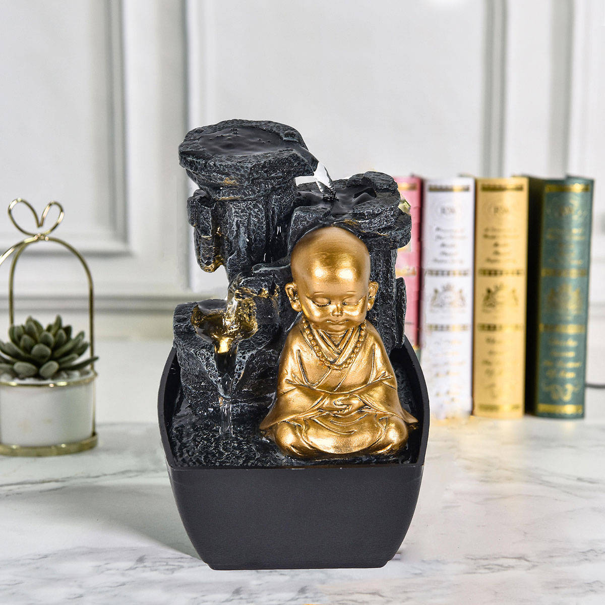 HomeTown Impression Polyresin Monk Fountain 13X18Cm In Gold Colour