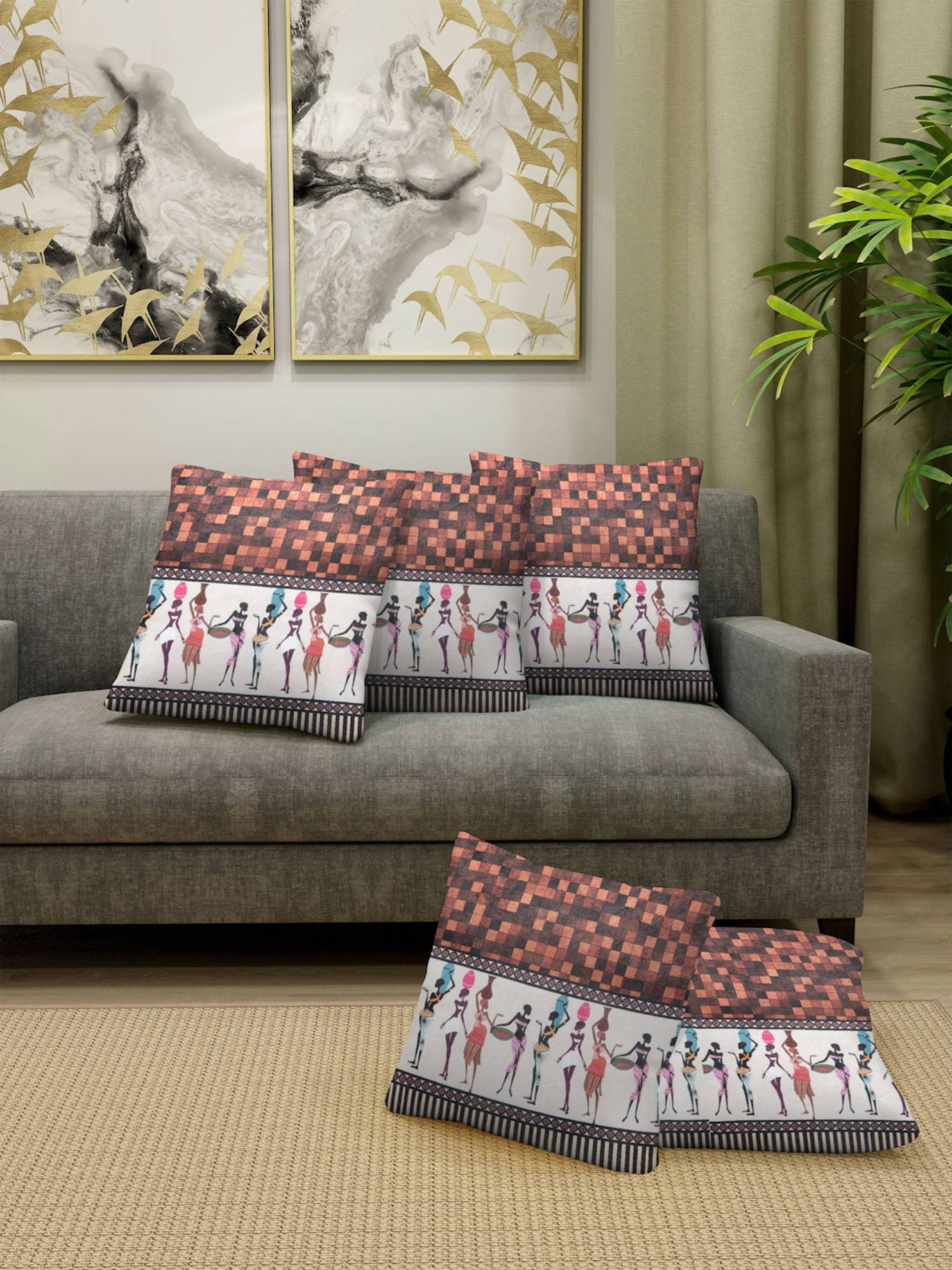 FABINALIV Brown Ethnic Cotton Blend Square Cushion Covers (Pack of 5) (16X16 Inches)