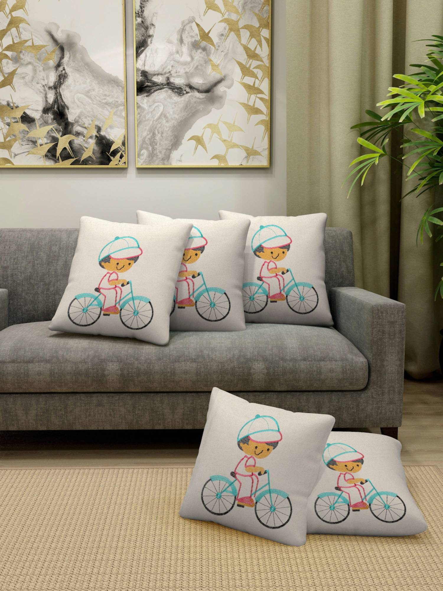FABINALIV Off White 100% Cotton Embroidered Square Shape Cushion Covers (Pack of 5) (16X16 Inches)