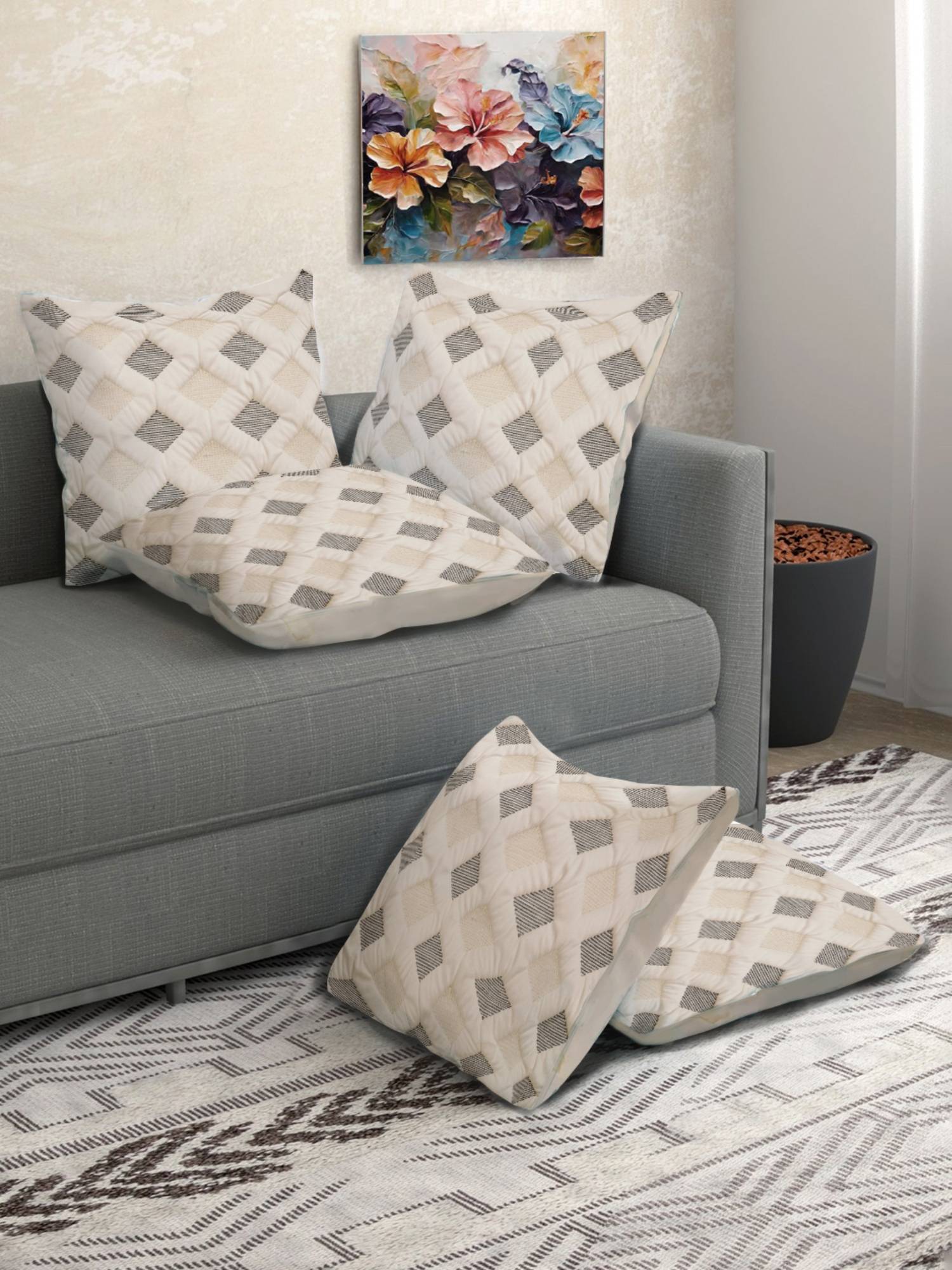 FABINALIV Cream Geometric Cotton Blend Square Cushion Covers (Pack of 5) (16X16 Inches)