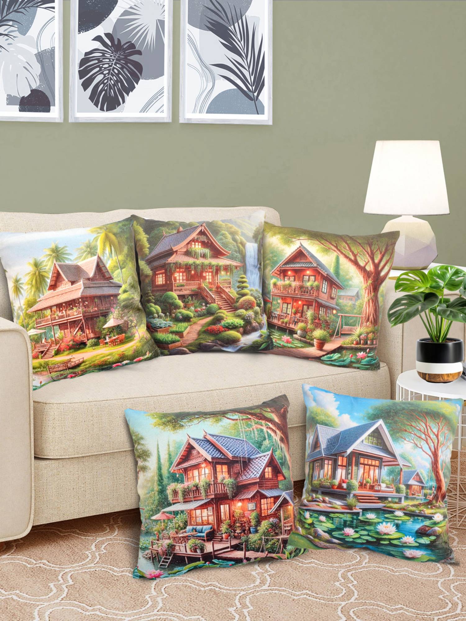 FABINALIV Multicolor Graphic Reversible Digital Printed Velvet Square Cushion Covers (16X16 Inches)