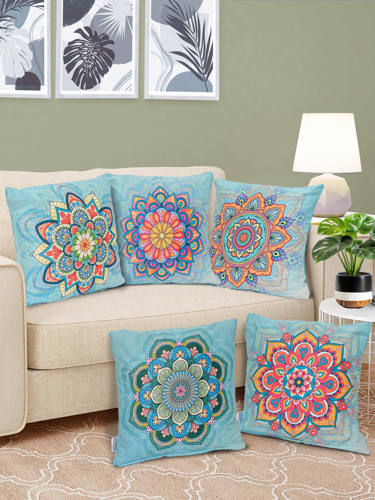 FABINALIV Pack of 5 Multicolor Ethnic Reversible Digital Printed Velvet Square Cushion Covers