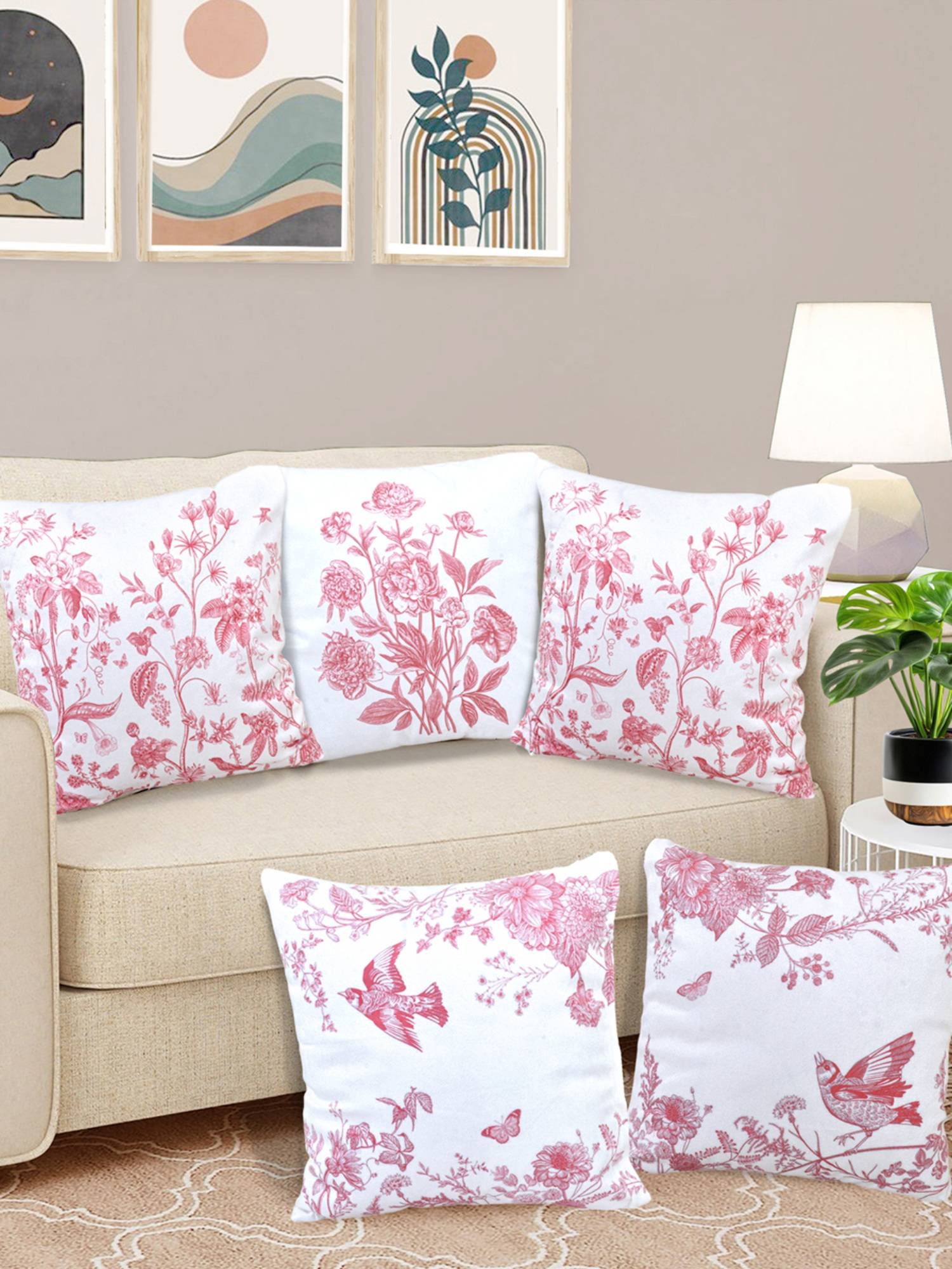 FABINALIV Pink Floral Reversible Digital Printed Velvet Square Cushion Covers (16X16 Inches)