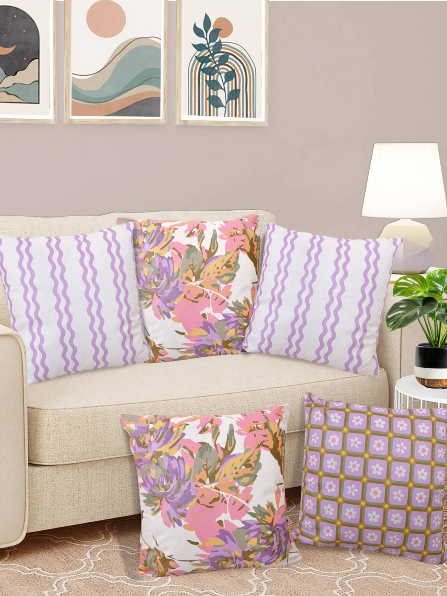 FABINALIV Multicolor Geometric Reversible Digital Velvet Square Cushion Covers (16X16 Inches)