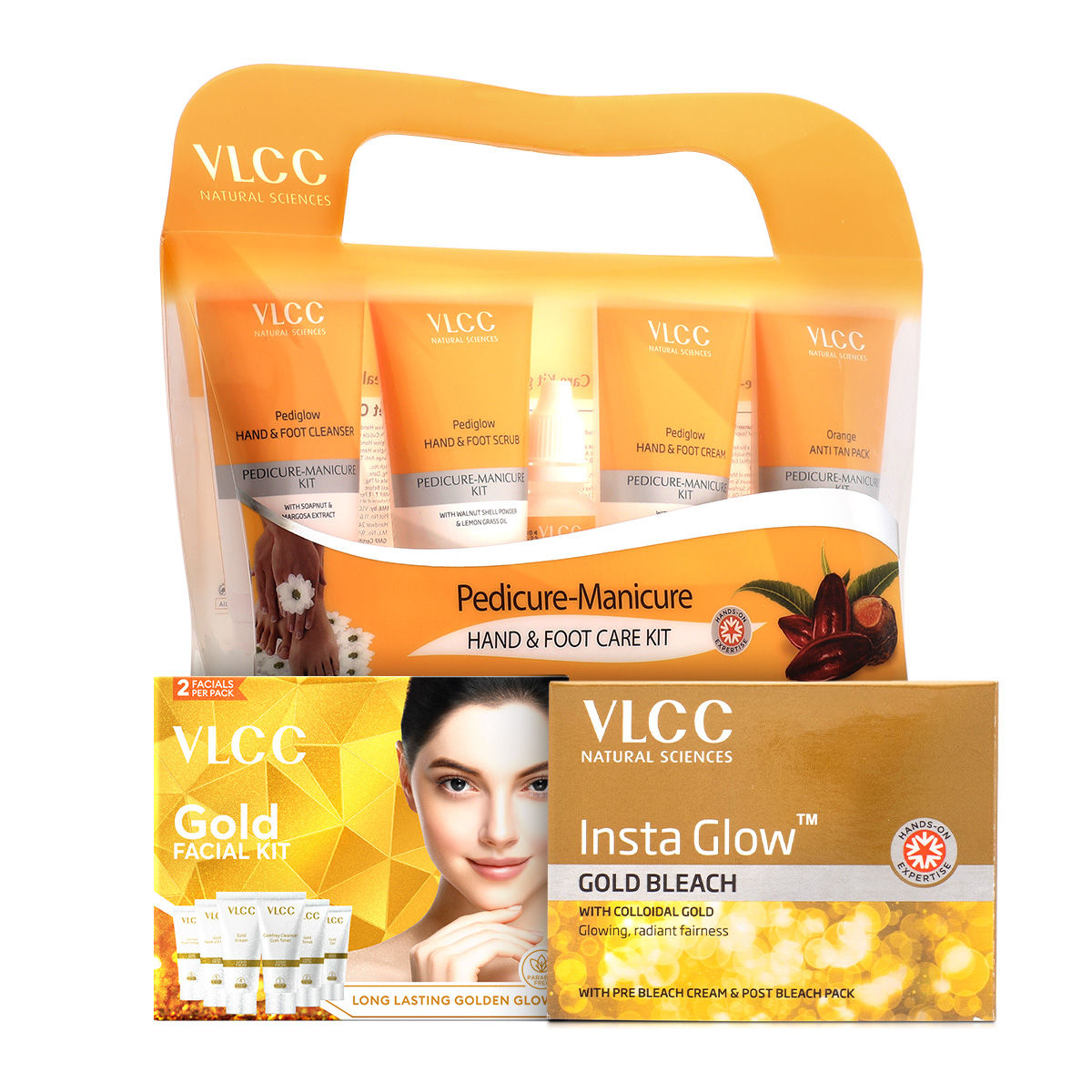 VLCC Salon At Home Combo - Gold Facial Kit, Gold Bleach & Manicure Pedicure Kit