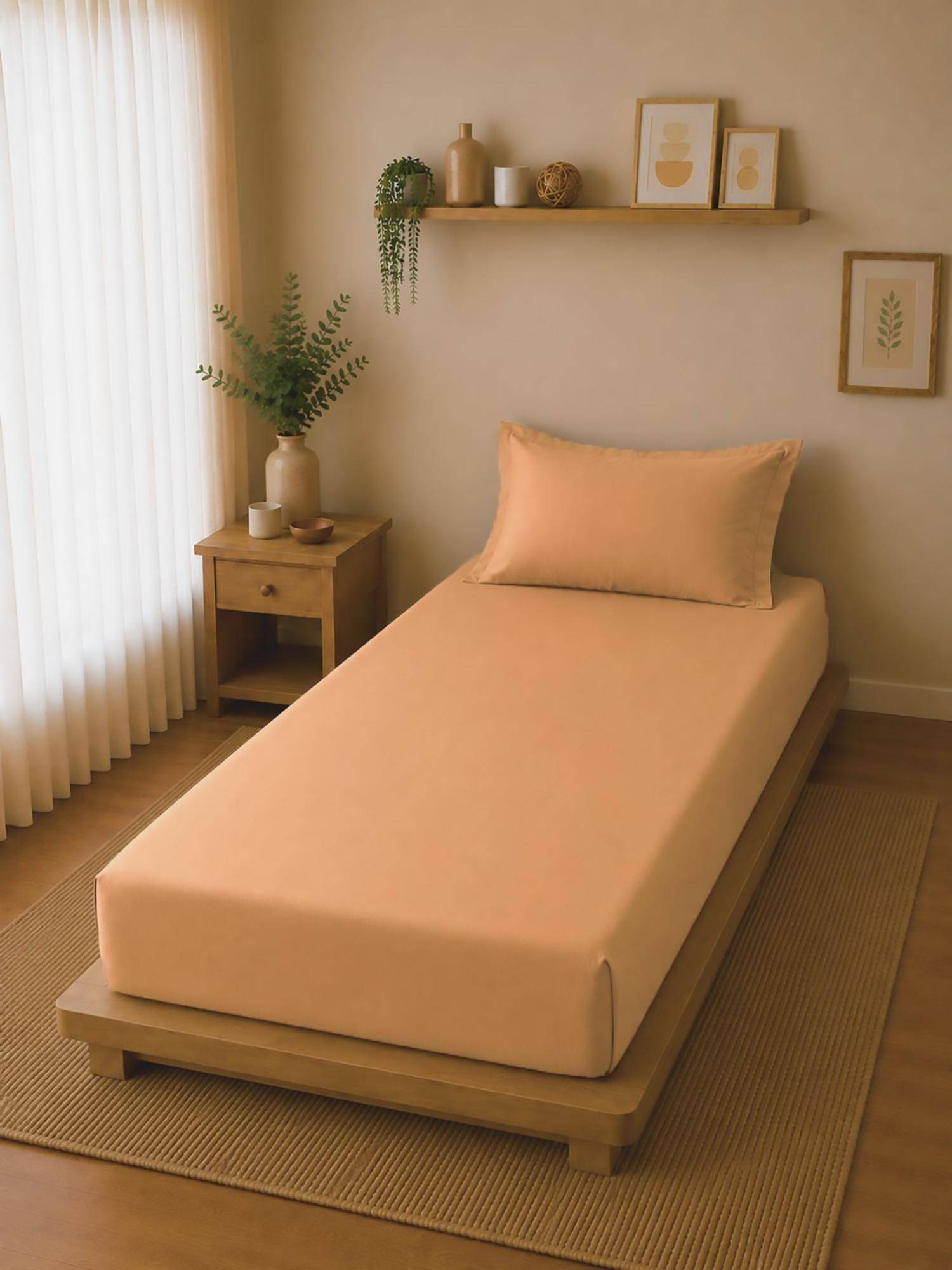Linen Home Cotton Percale Fitted Bedsheet with Pillow Covers (Single)