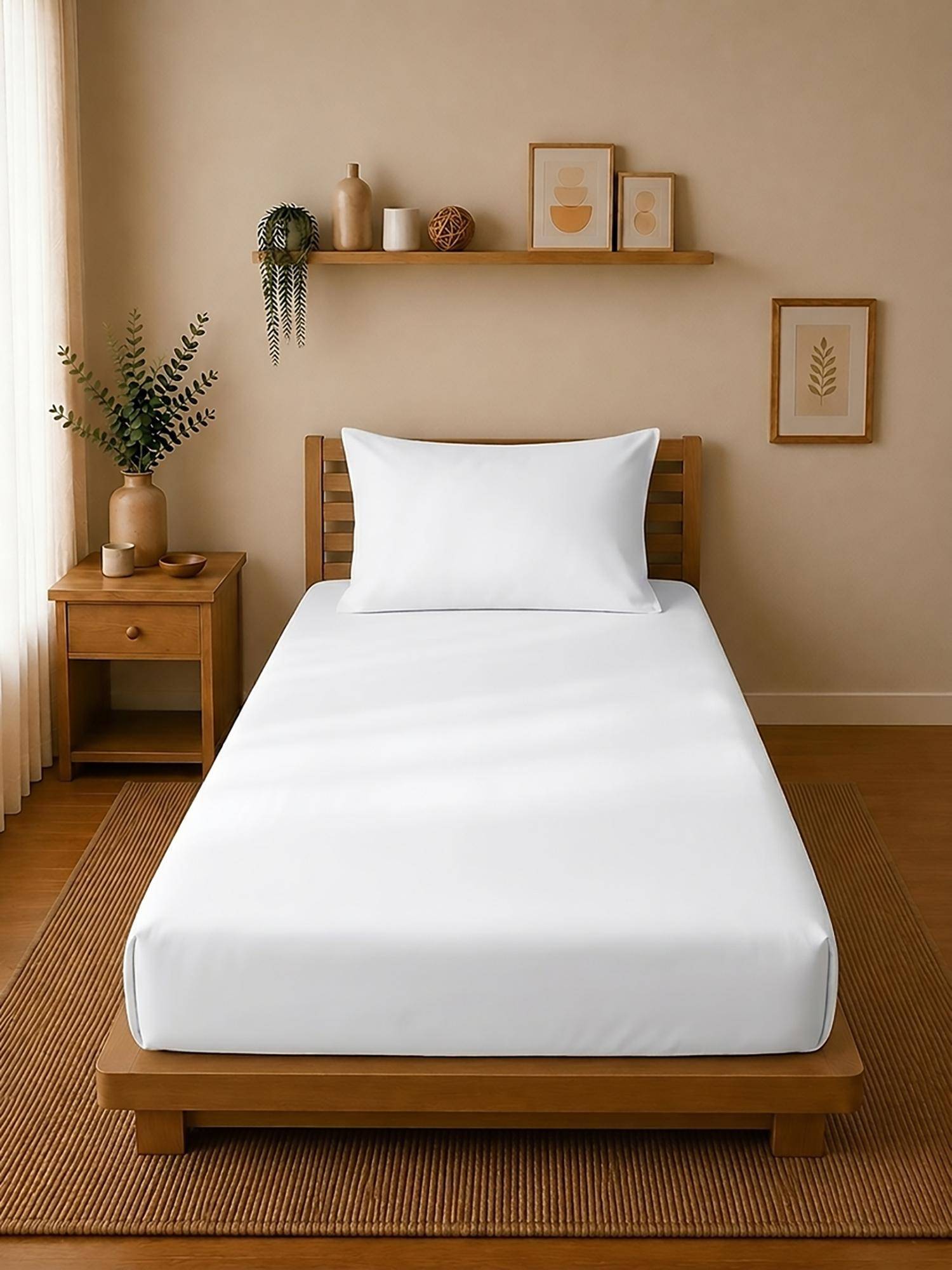 Linen Home Cotton Percale Fitted Bedsheet with Pillow Covers (Single)