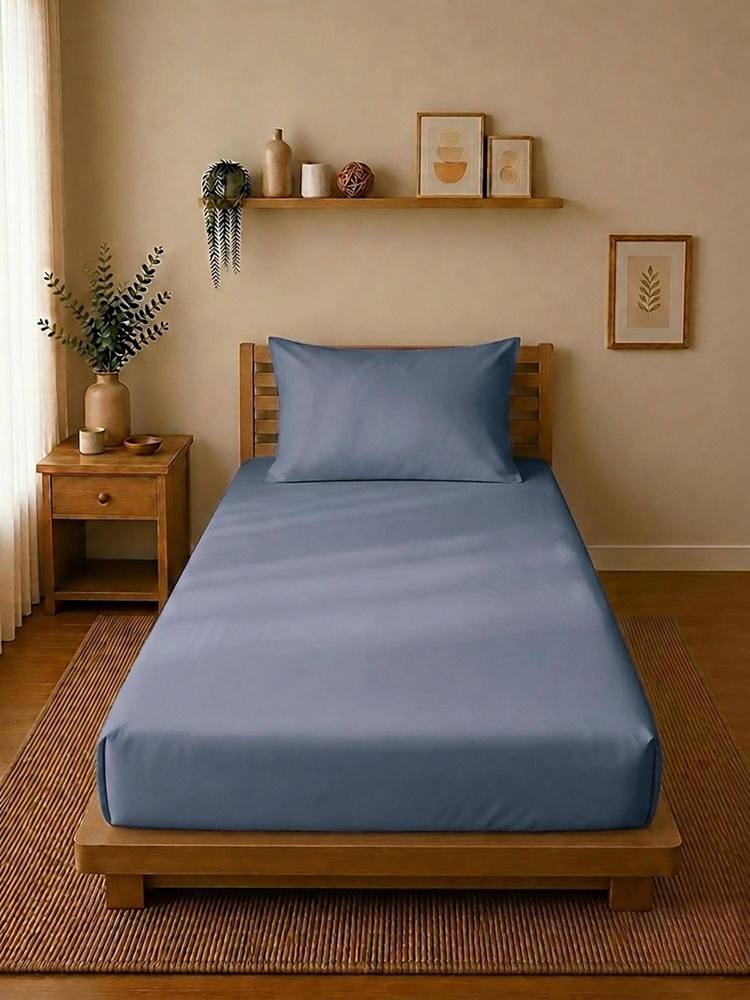 Linen Home Cotton Percale Fitted Bedsheet with Pillow Covers (Single)