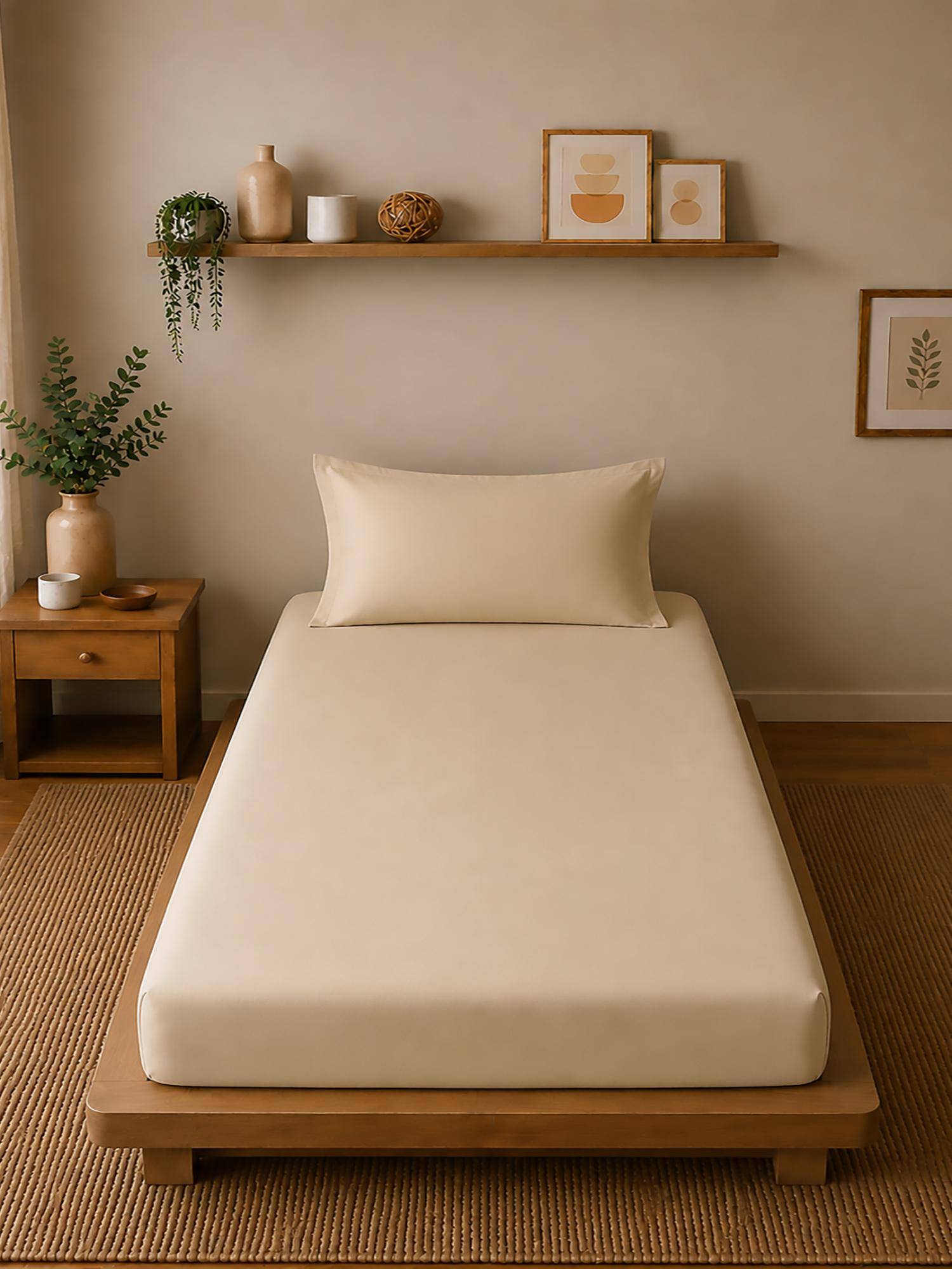 Linen Home Cotton Percale Fitted Bedsheet with Pillow Covers (Single)