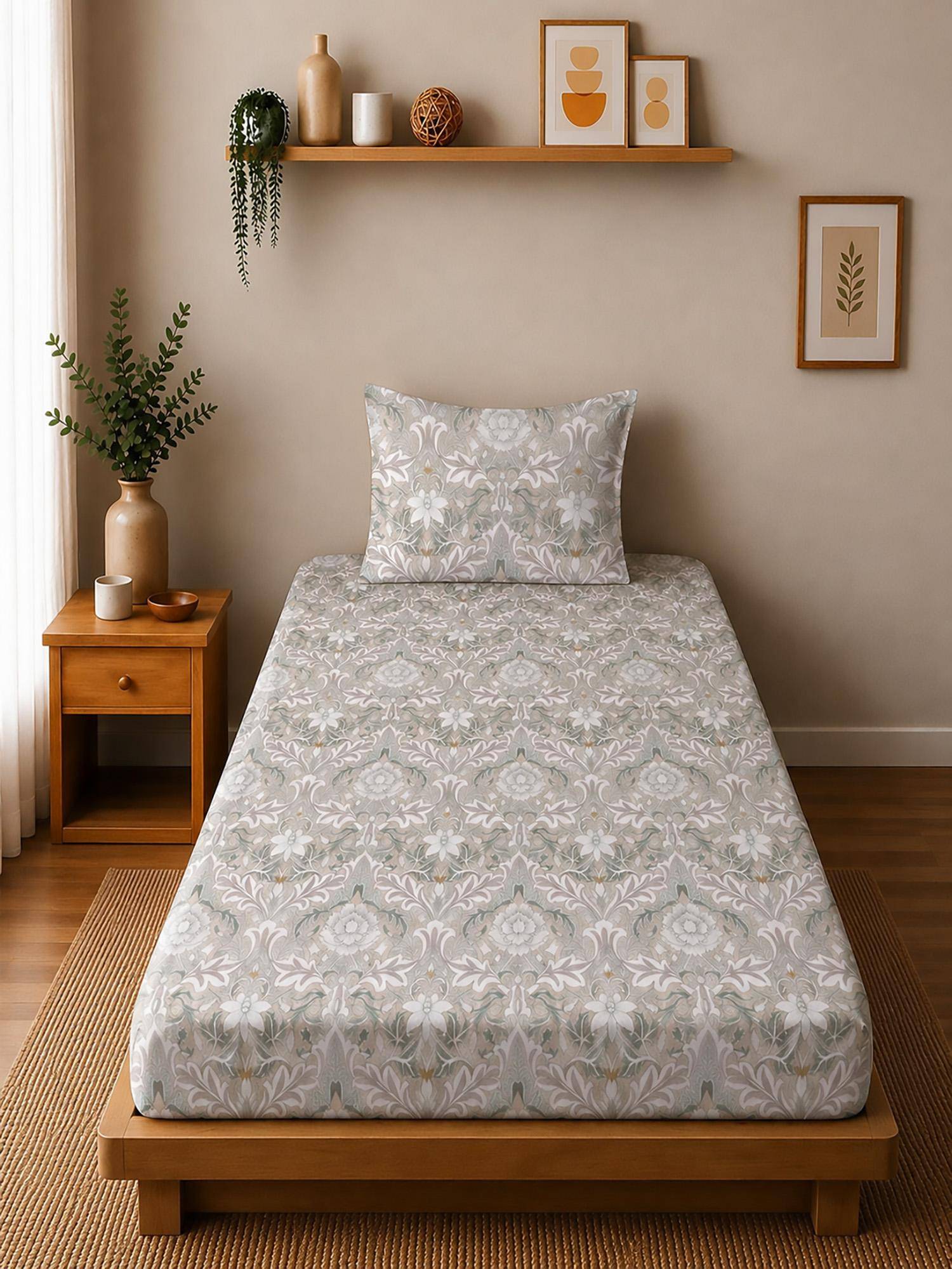 Linen Home Cotton Percale Fitted Bedsheet with Pillow Covers (Single)