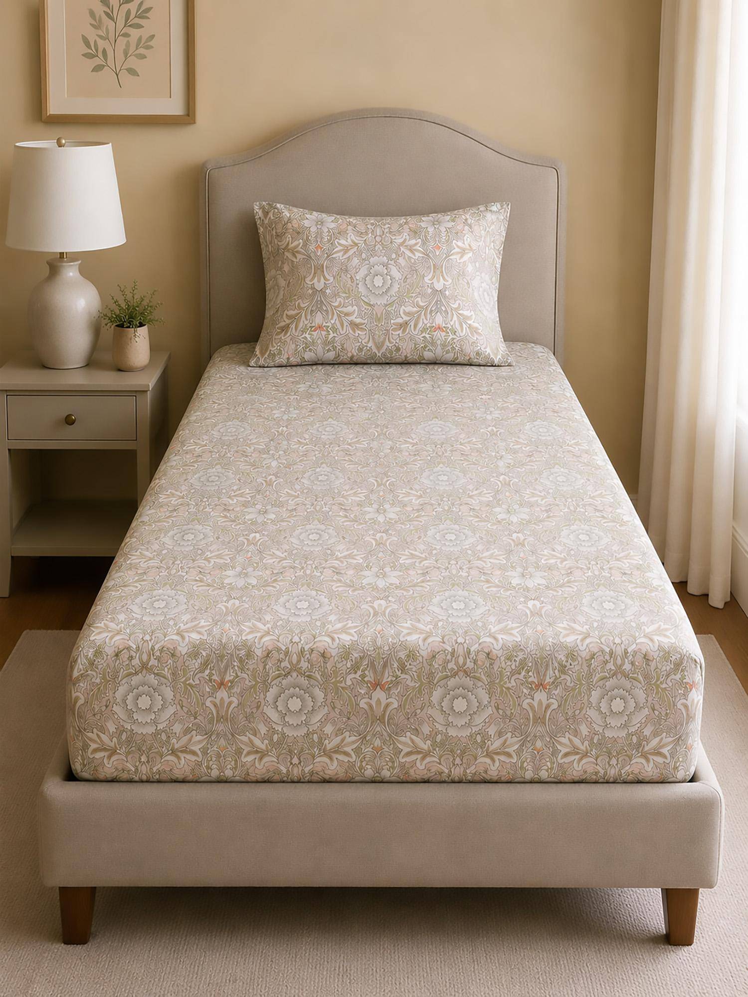 Linen Home Cotton Percale Fitted Bedsheet with Pillow Covers (Single)