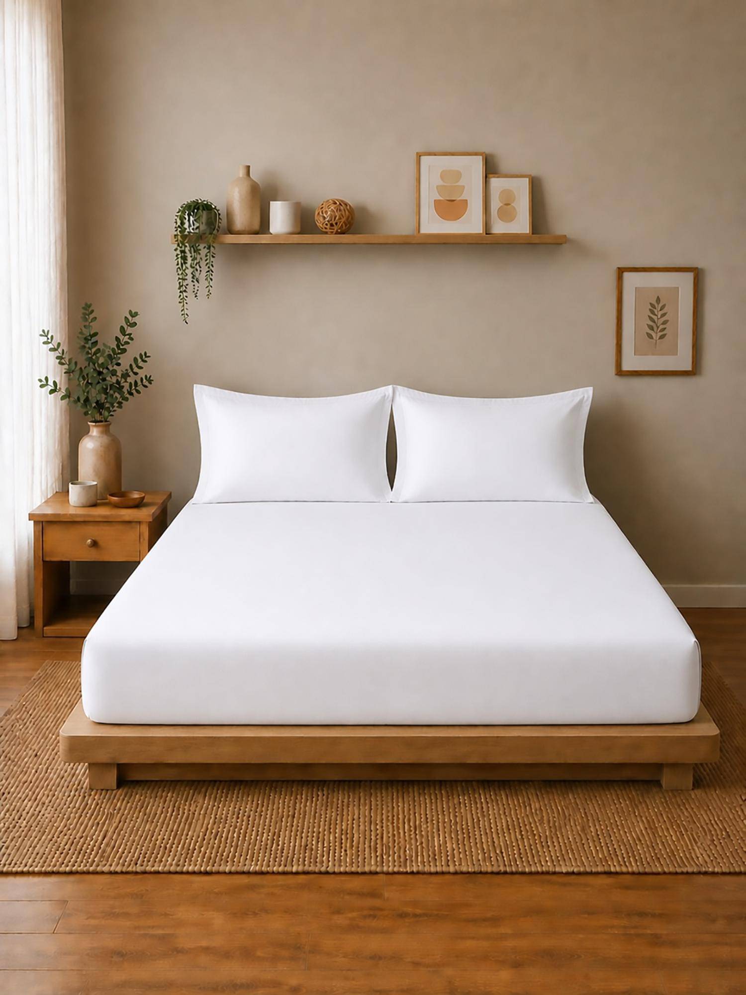 Linen Home Cotton Percale Fitted Bedsheet with 2 Pillow Covers (XL)- White