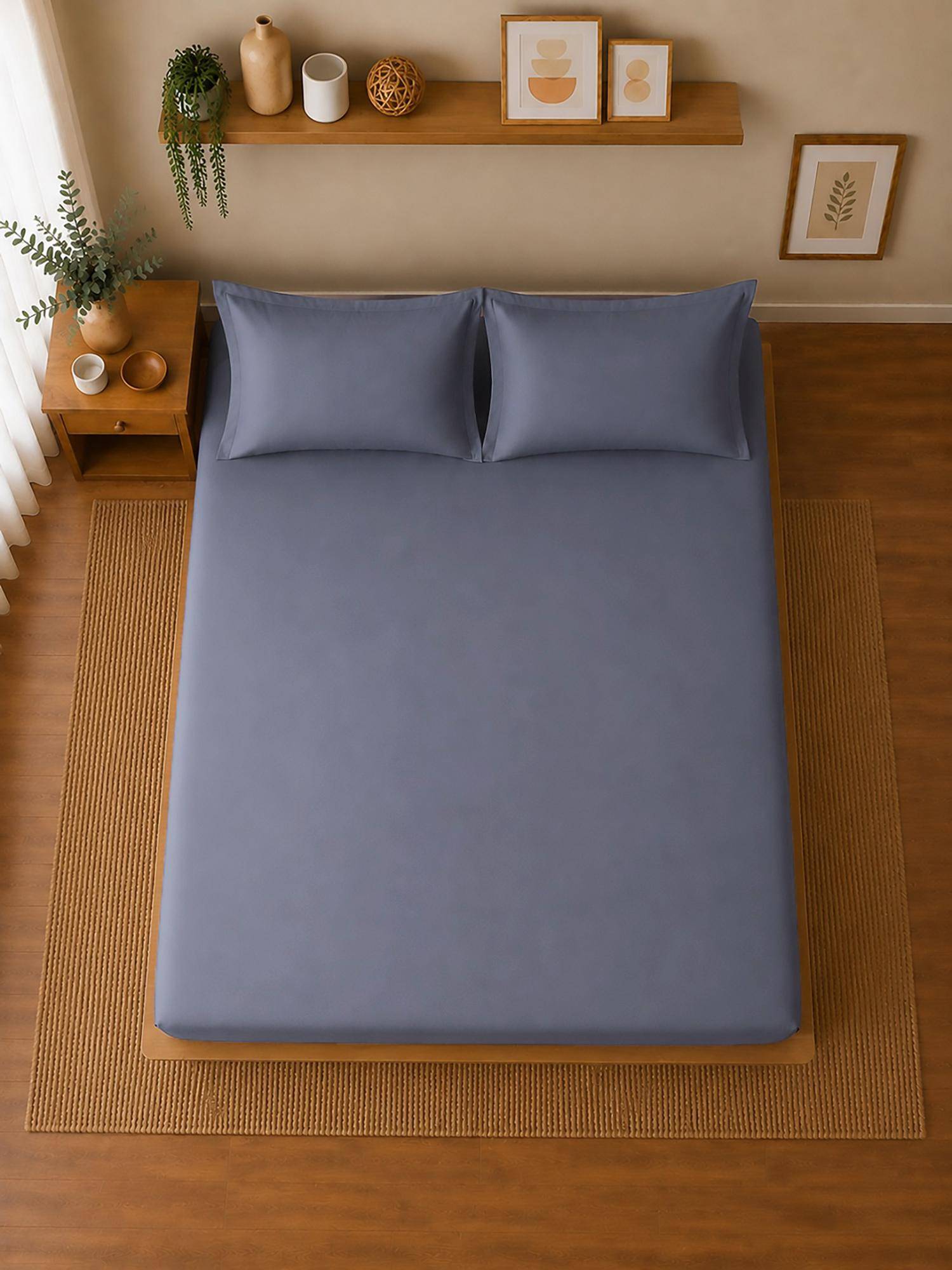 Linen Home Cotton Percale Fitted Bedsheet with 2 Pillow Covers (XL)- Dark Blue