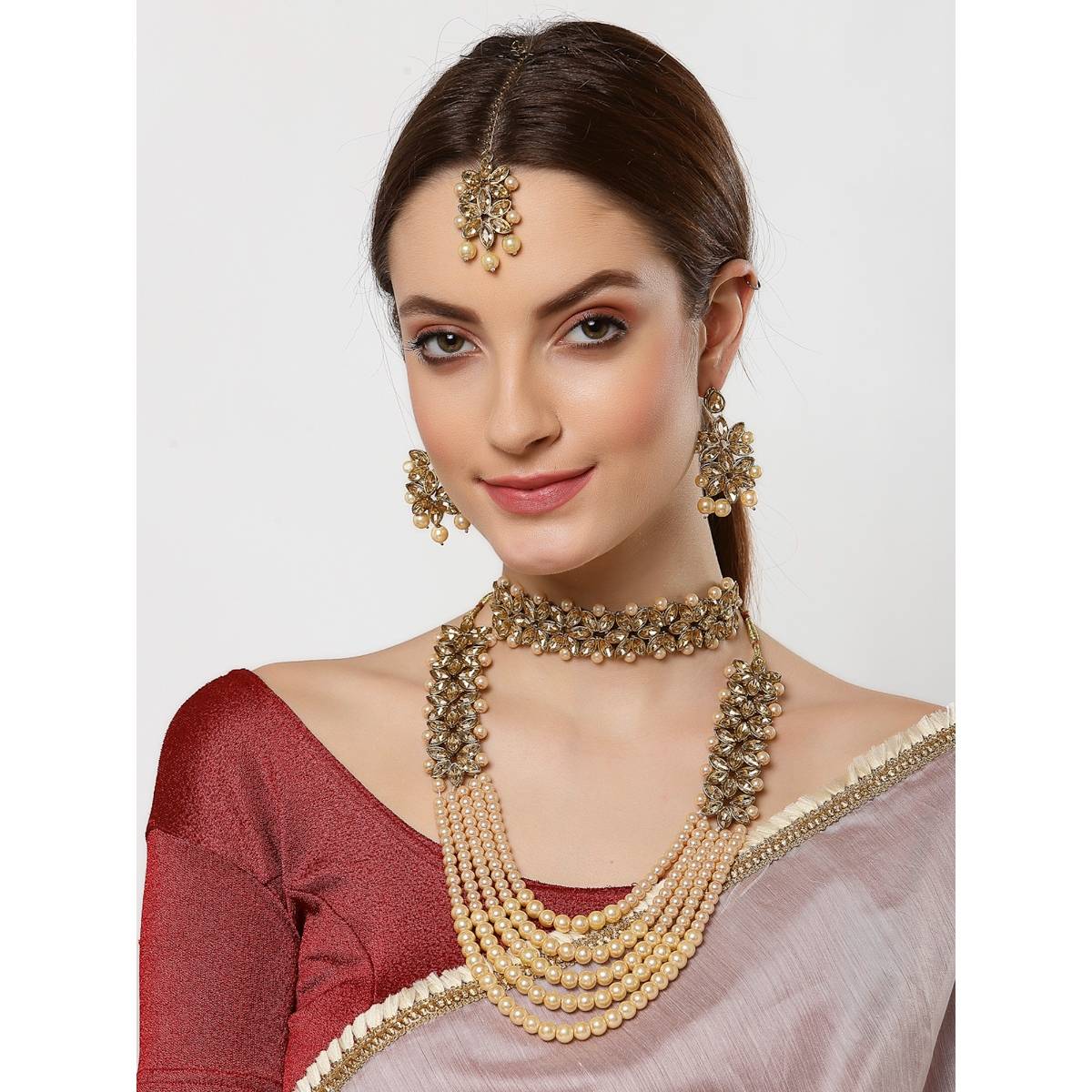 ZENEME Gold-Plated Multi Strand Kundan Studded Necklace and Long Cream Pearl
