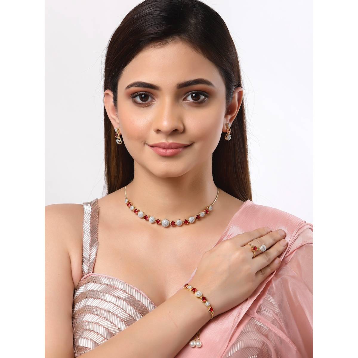 ZENEME Gold-Plated White and Red Ad Necklace Earring Bracelet and Ring Jewellery