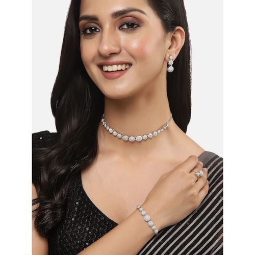 ZENEME Rhodium Plated Silver Tone Necklace Earring Bracelet and Ring  Jewellery