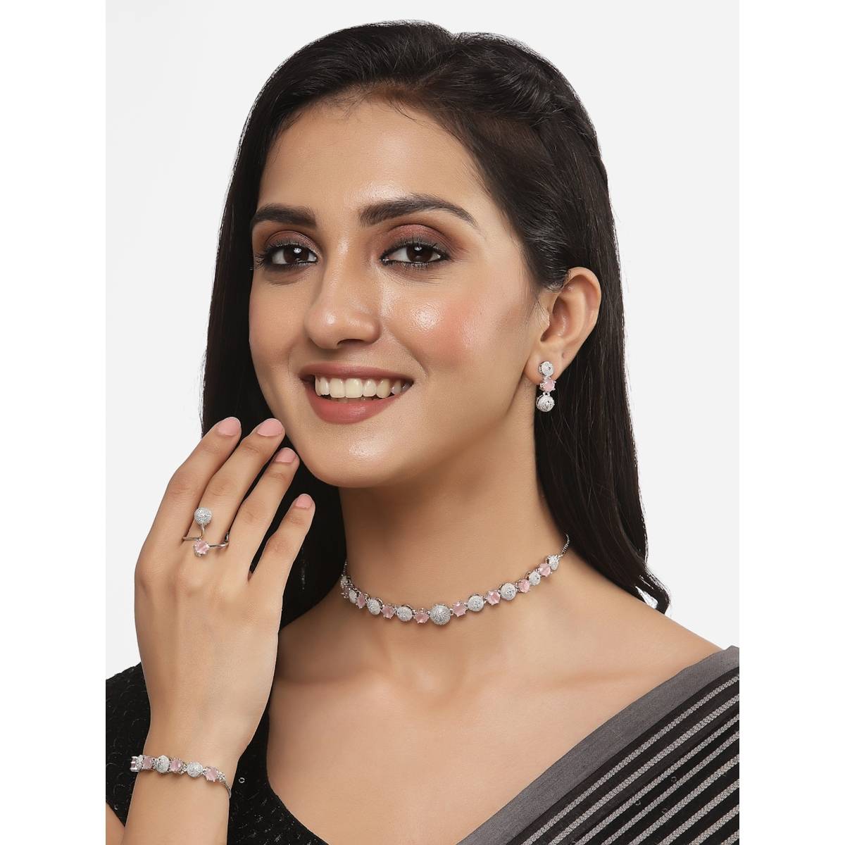 ZENEME Rhodium Plated Pink Ad Necklace Earring Bracelet and Ring Jewellery