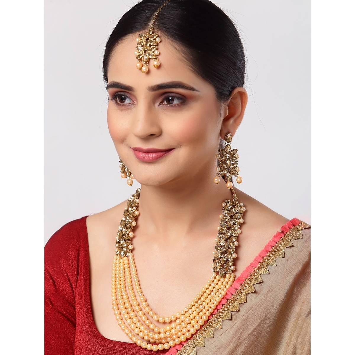 ZENEME Gold Plated Traditional 5 Layered Kundan and Cream Pearl Necklace