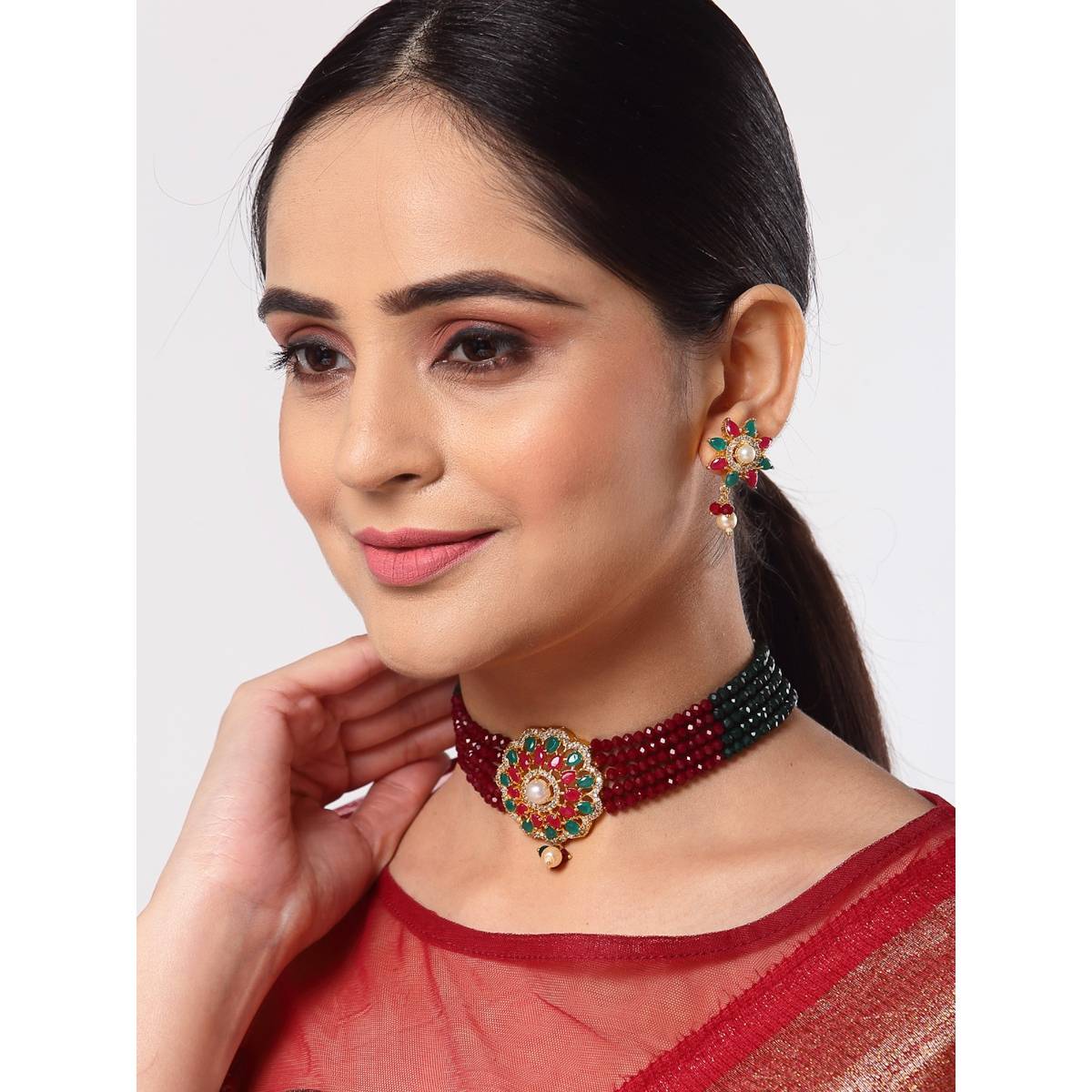 ZENEME Gold Plated Ad Studded Multistrand Multi-Color Crytal Necklace and Earring