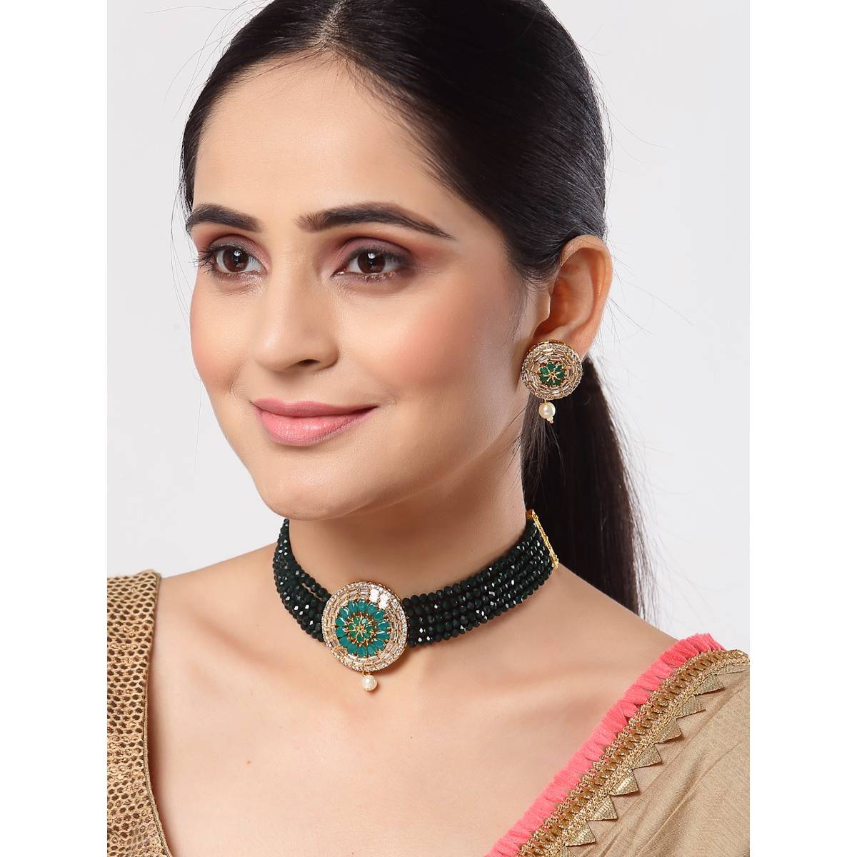 ZENEME Gold-Plated Ad Multistrand Green Crystal Necklace and Earrings and Girls