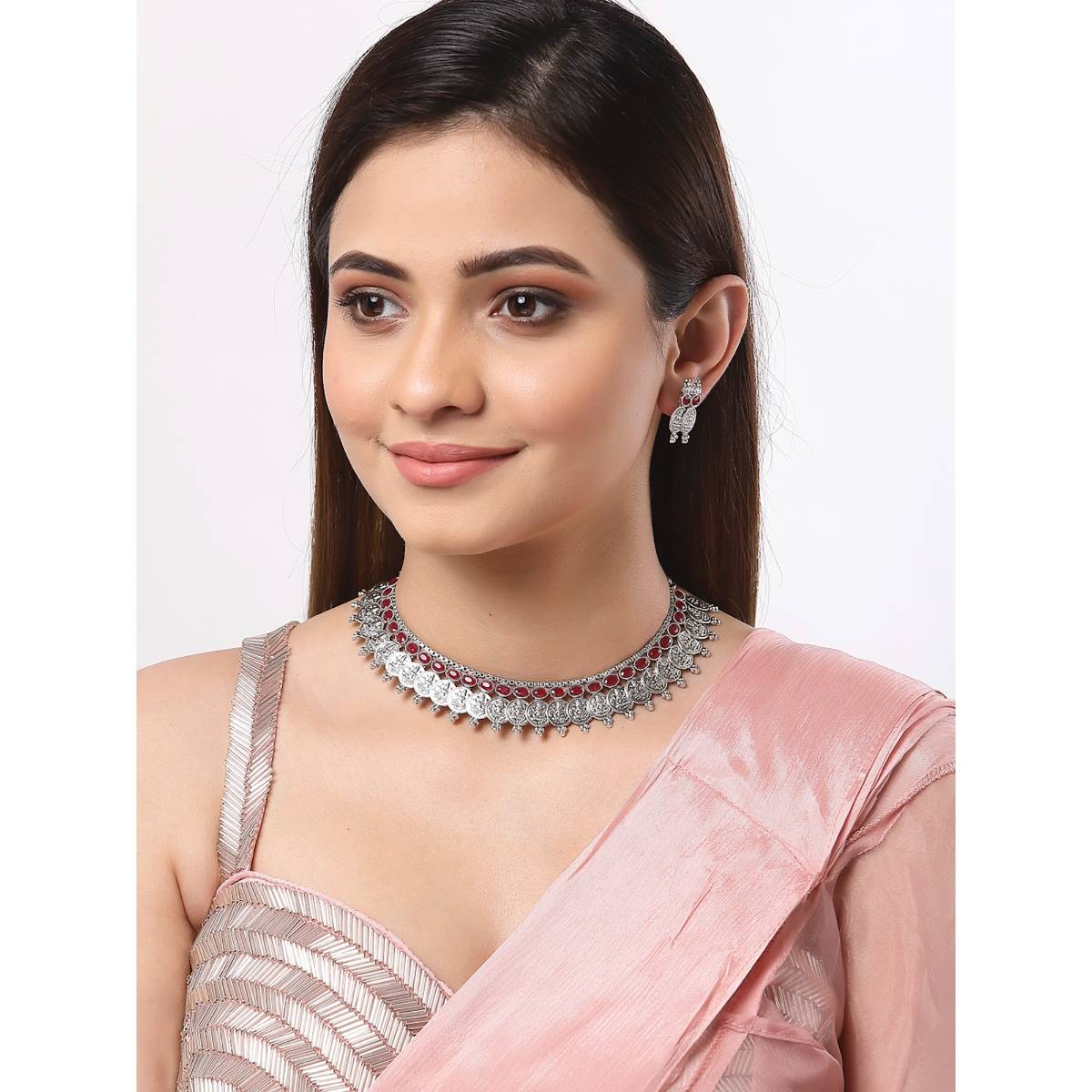 ZENEME Silver-Plated Oxidised Red Cz Studded Temple Coin Jewellery