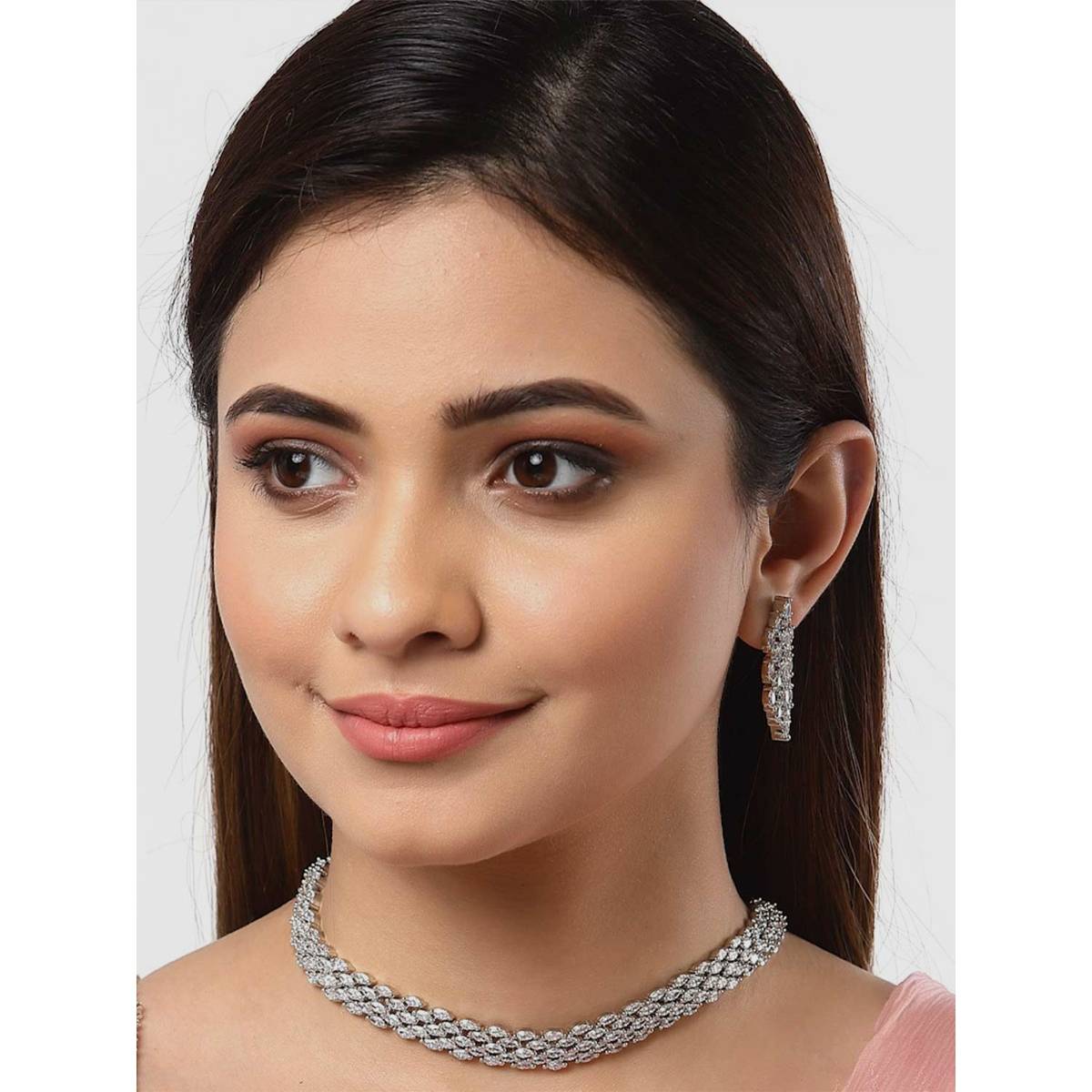 ZENEME Silver Toned Rhodium Plated American Diamond Studded Link Jewellery