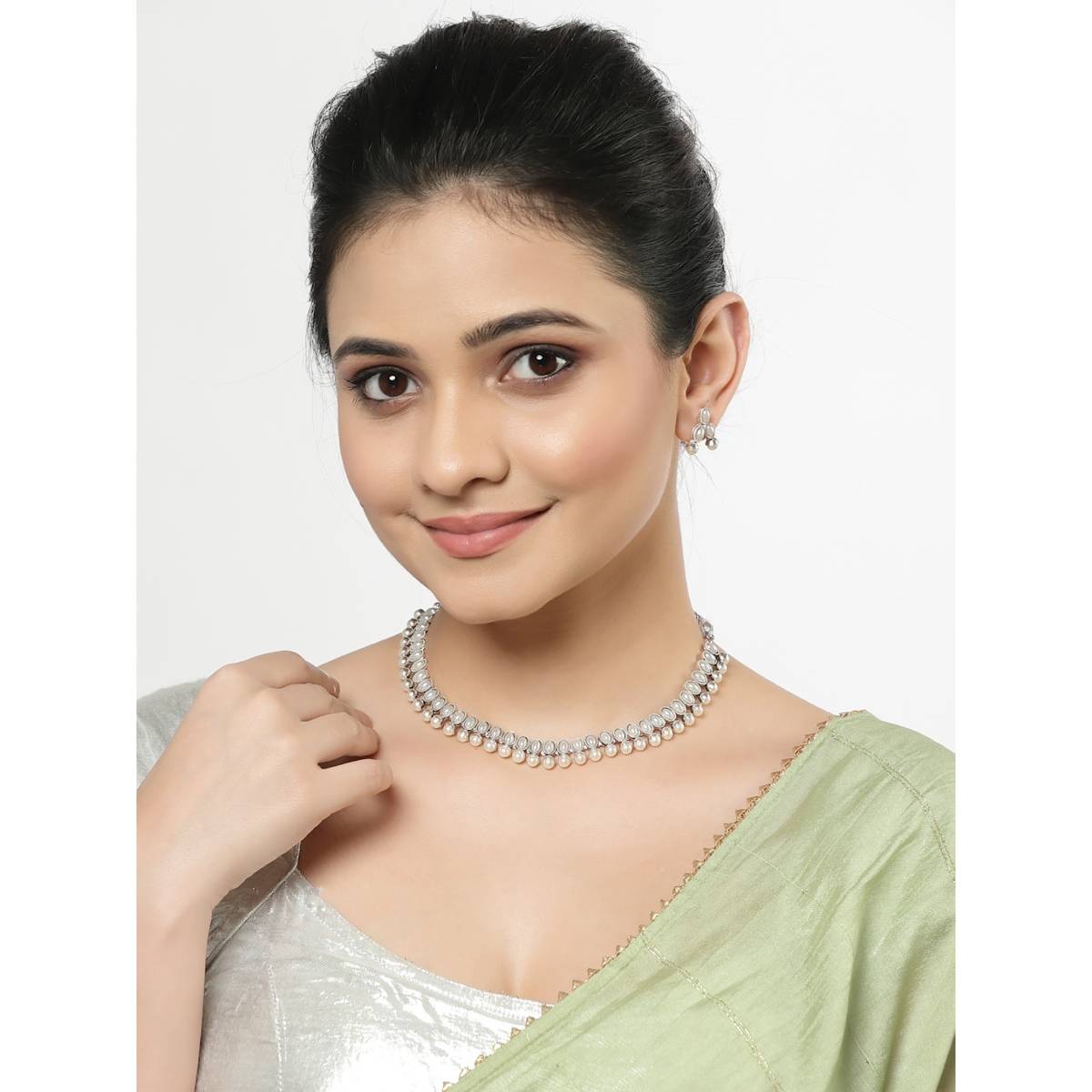 ZENEME Luxurious Antique Oxidised Silver White Cz Wedding Jewellery