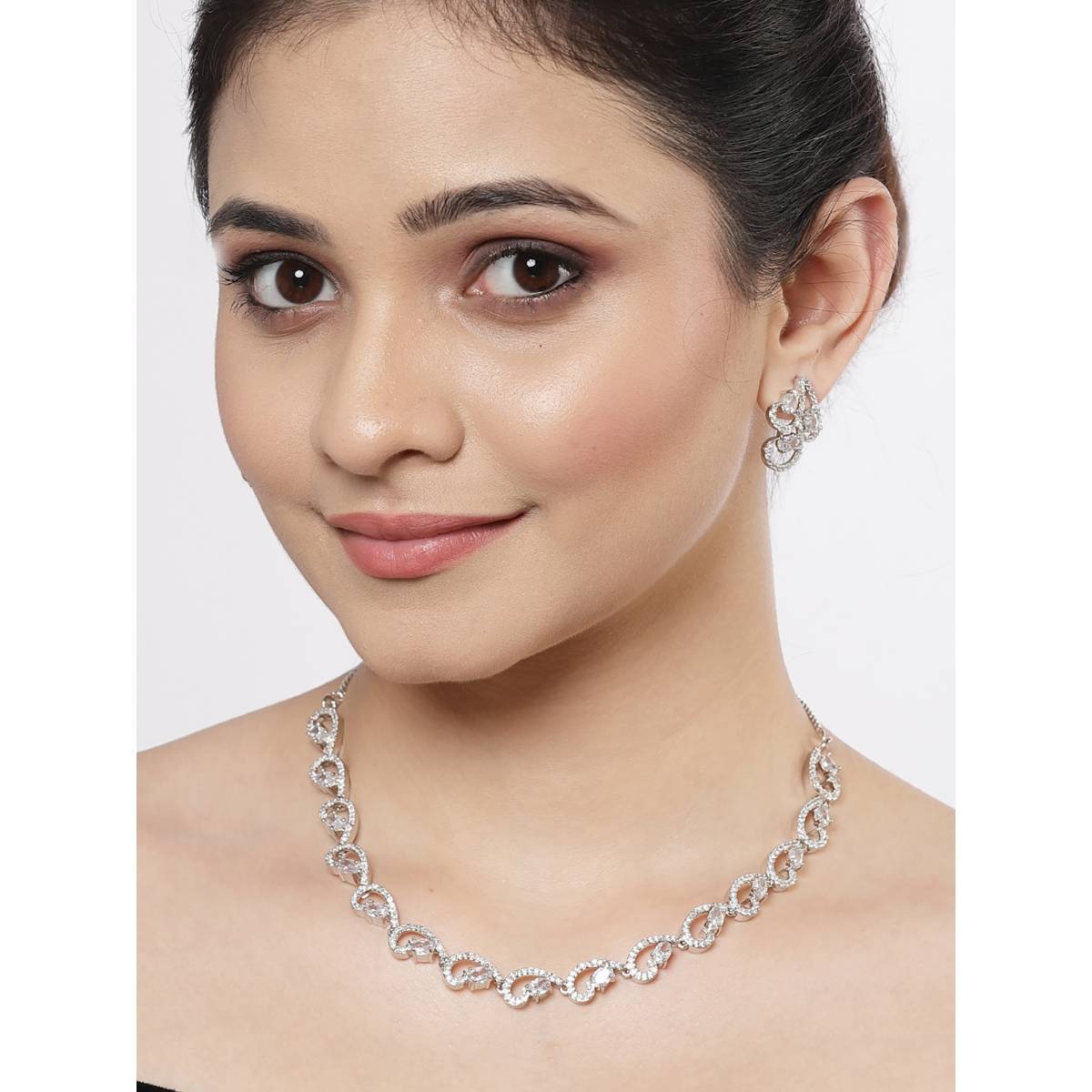 ZENEME Rhodium-Plated Silver White American Diamond Sleek Reversible Jewellery