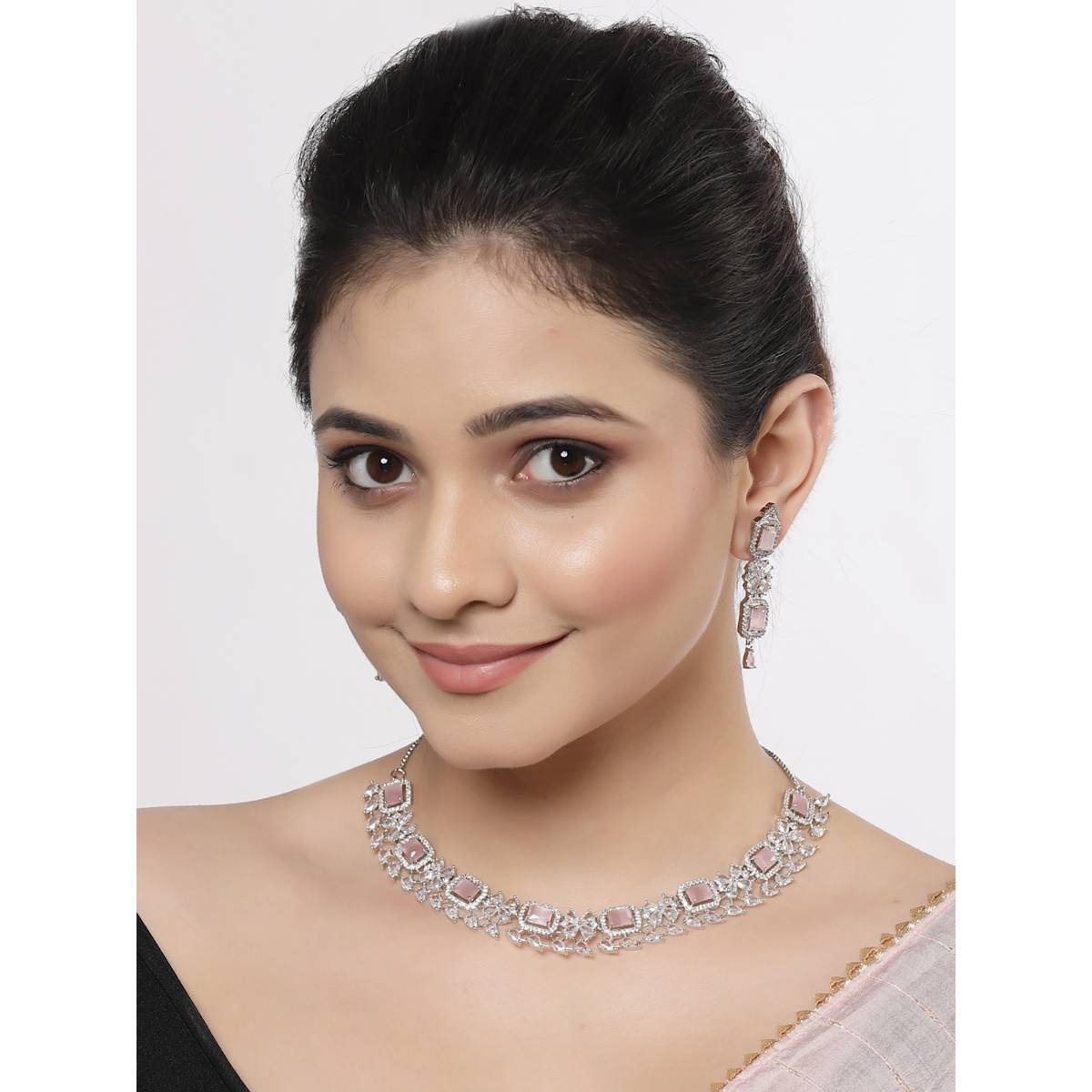 ZENEME Rhodium-Plated Silver Toned Pink American Diamond Jewellery