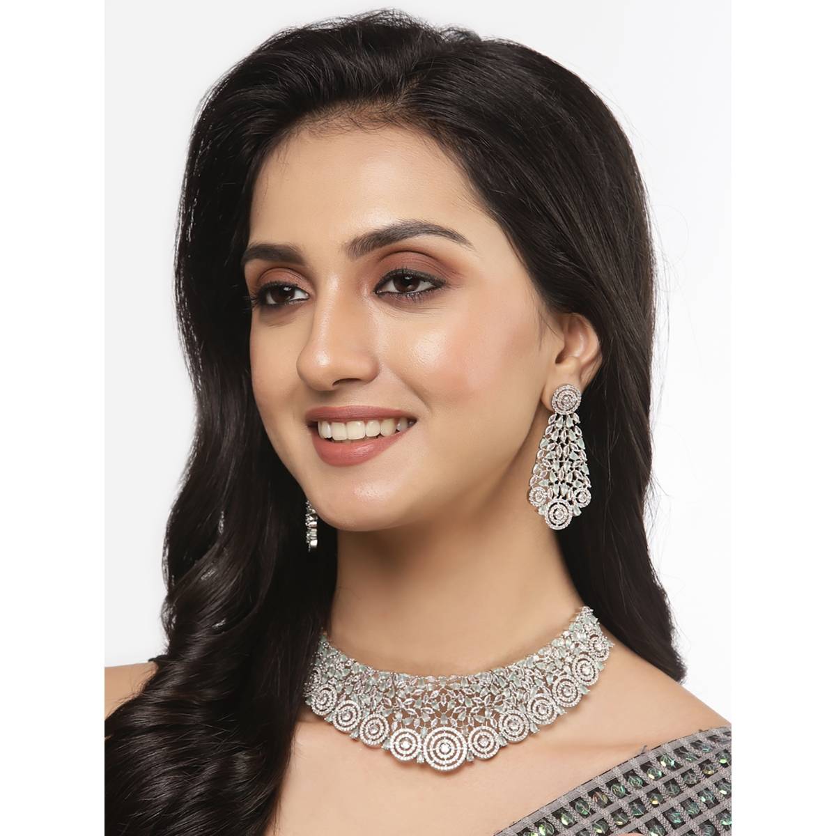 ZENEME Silver-Plated Green Ad Choker Necklace with Earrings Jewellery