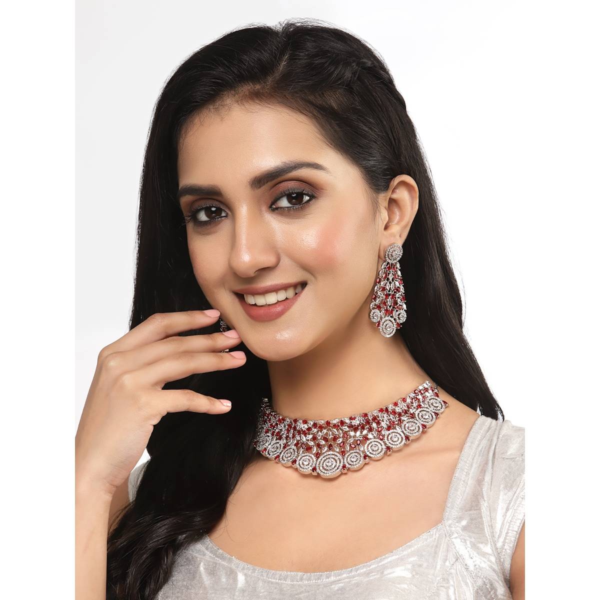 ZENEME Silver-Plated Red Ad Choker Necklace with Earrings Jewellery
