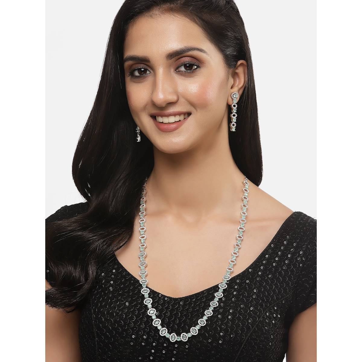 ZENEME Rhodium-Plated Crystal Pink American Diamond Long Necklace Jewellery
