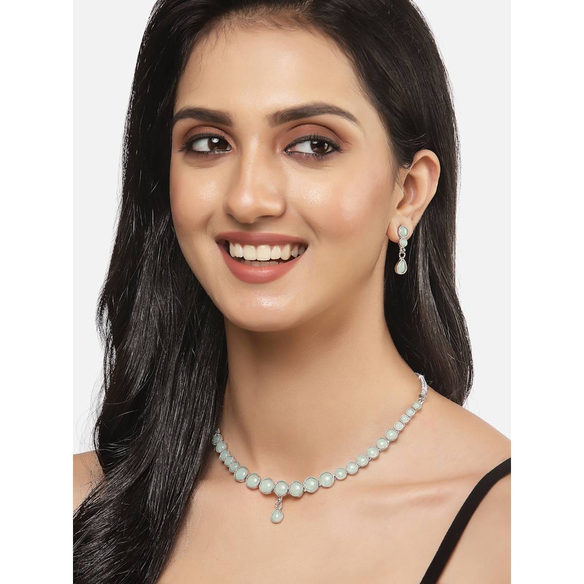 ZENEME Antique Oxidised Silver-Plated Turquoise Cz Necklace Jewellery