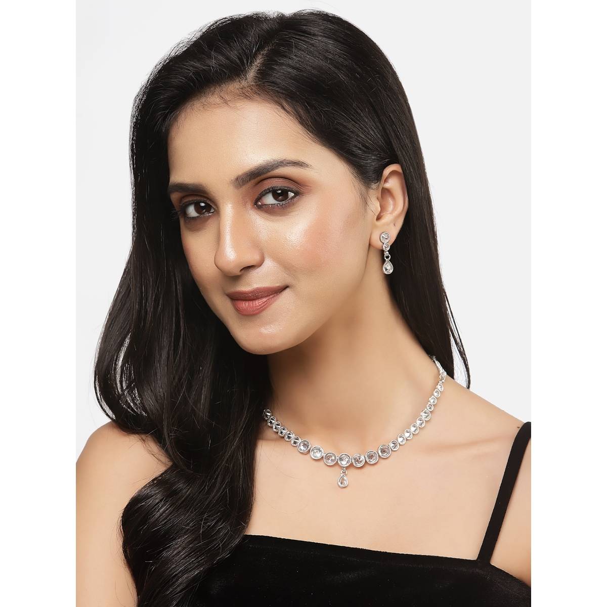 ZENEME Antique Oxidised Silver-Plated White Cz Necklace Jewellery