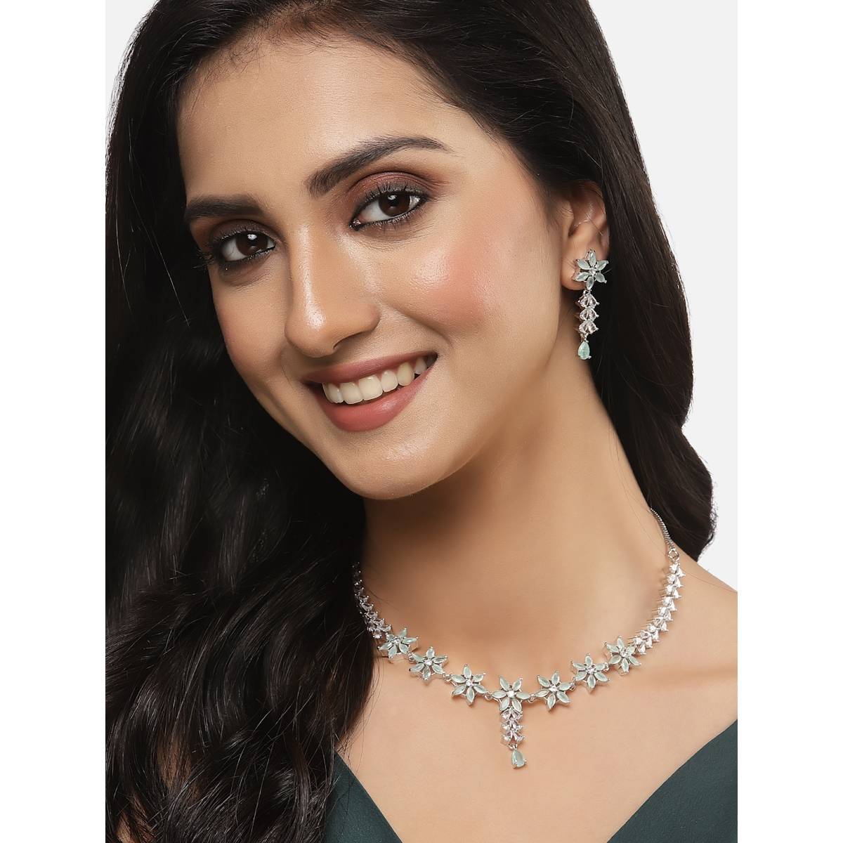 ZENEME Rhodium-Plated Silver Toned American Diamond Flower Necklace Jewellery