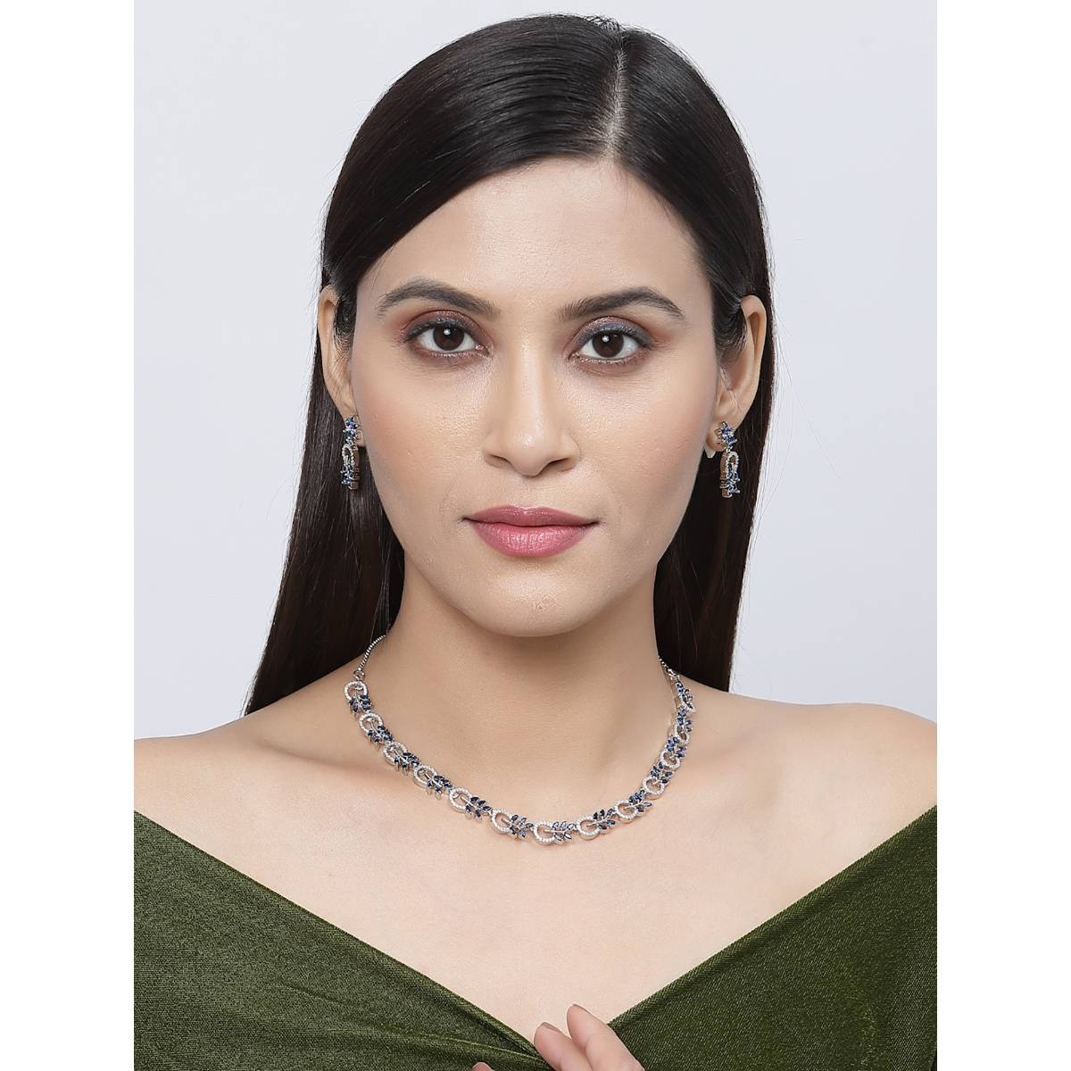 ZENEME Silver Plated Elegant Floral Blue Ad Rhodium Necklace Earring Jewellery From Women