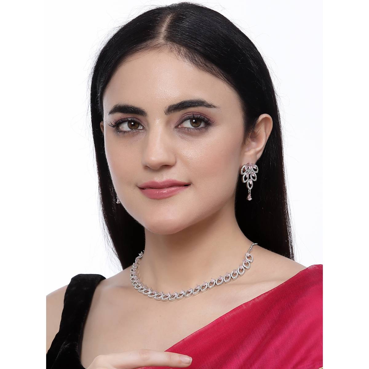 ZENEME Rhodium-Plated Silver Toned Sea Pink American Diamond Leaf Jewellery