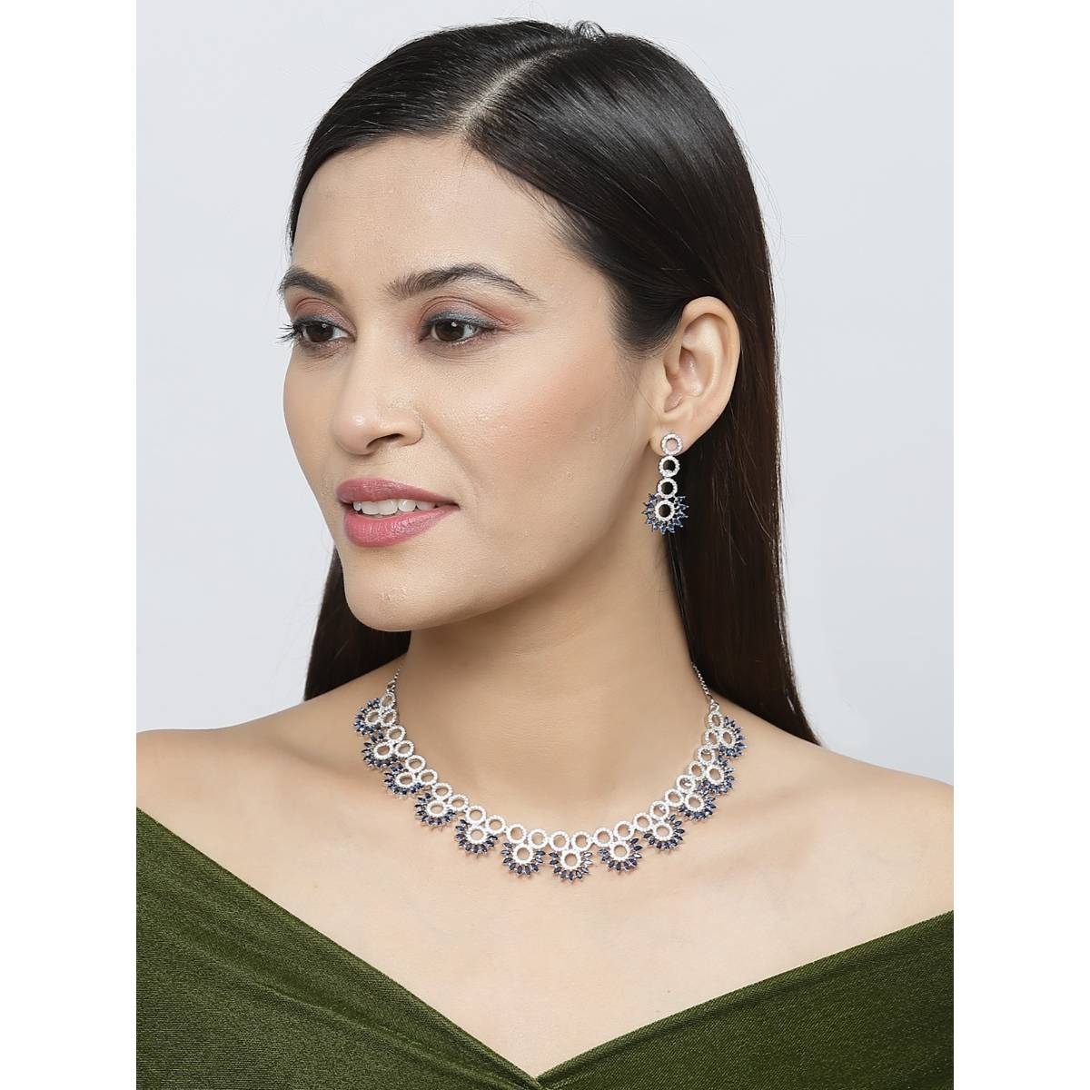 ZENEME Silver Toned Rhodium Plated Crystal Blue Ad Flower Jewellery
