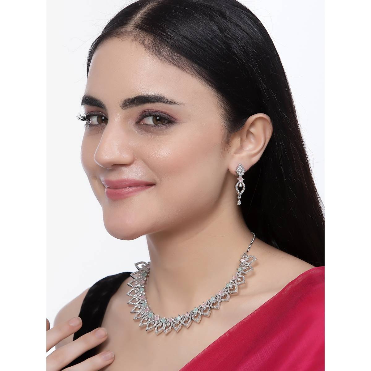 ZENEME Silver Toned Dual Crystal Ad Studded Tear Drop Designer Jewellery